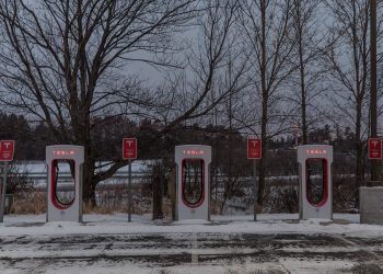 Tesla "Supercharger" electric vehicle recharging station along Interstate 35 at Tobies in Hinckley, Minnesota.