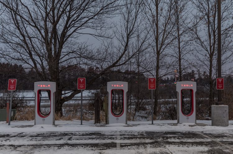 Tesla "Supercharger" electric vehicle recharging station along Interstate 35 at Tobies in Hinckley, Minnesota.